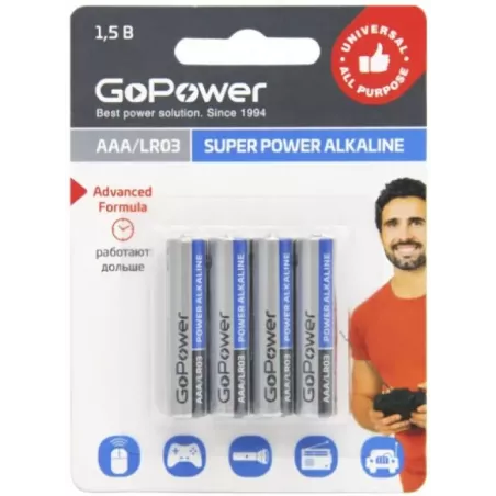Купить батарейка GoPower LR03 AAA BL4 Alkaline в Москве, смотреть цены 00-00015602 в интернет-магазине goldbyte.ru